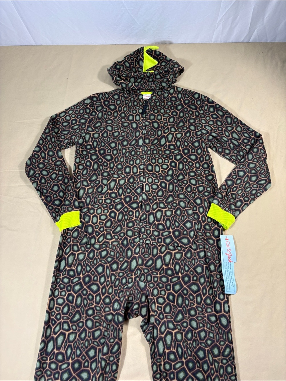 Cat & Jack Boys Dinosaur Fleece Union Suit Pajamas XL 14 Brown Neon Green NWT